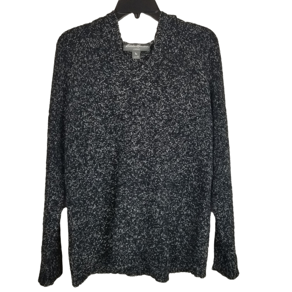 Eddie Bauer Lightweight Black & White Marled Hooded Lounge Sweater